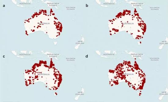  �Ĵ�����ɽ����11��1�գ�a����11��14�գ�b����12��5�գ�c����12��26�գ�d���ķֲ���r�����DƬ��Դ��BBC News��